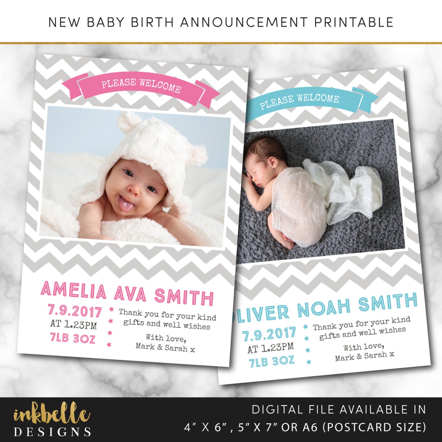 Birth announcement card Digital File PDF Chevron baby