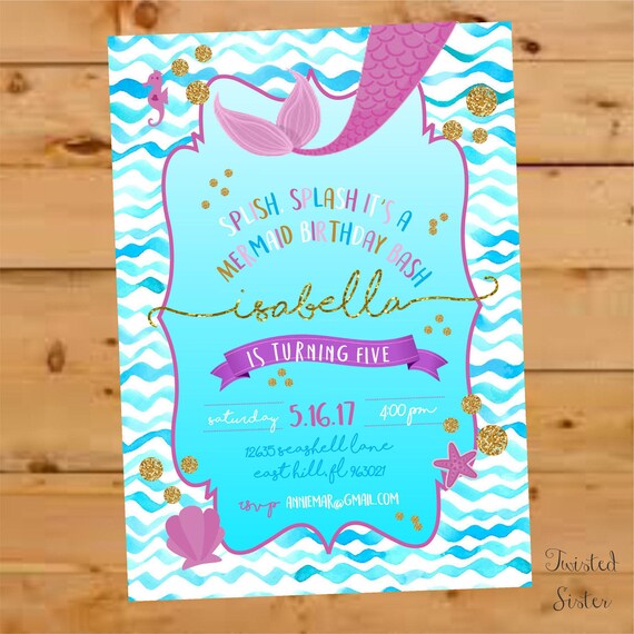 Mermaid Birthday Invite, Under the Sea Invite, Mermaid Invite, Mermaid Invitation, Watercolor Mermaid, Mermaid Birthday, Aqua ,Gold Glitter Il_570xn