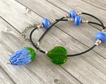 Lavender flower lampwork necklace Handmade Lampwork jewelry Bright necklace, statement Glass Beaded Necklace Lampwork Jewelry Gift for Her