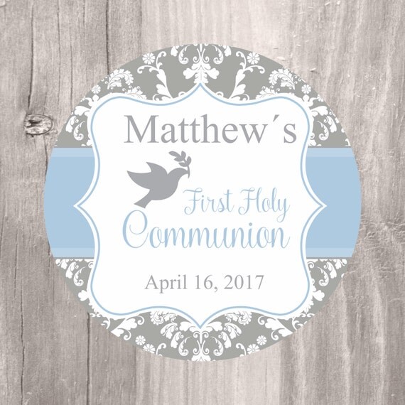 First Holy Communion Favor Tags Printable Grey and Blue Holy