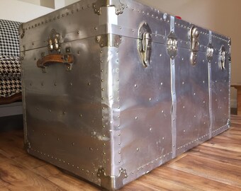 Last Chance! 1950s Extra Large Polished Aluminum Steamer Trunk All Original with FREE SHIPPING