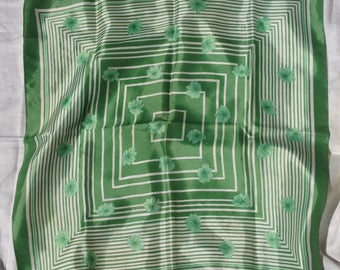 Square Scarf - Green and White Geometric with Green Flowers Rolled Edge - Made in Italy FREE SHIPPING