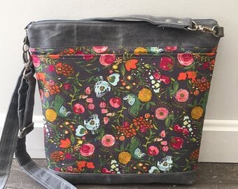 Grey crossbody bag, waxed canvas bag, floral crossbody bag