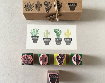 Cactus rubber stamps, set of 5, mini stamps, hand carved, succulent plants, cactus plants, cacti