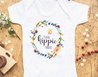 Think Hippie Thoughts Baby Hippie Baby Clothes Romper Flower Wreathe Baby Clothes, Baby Hippy Romper Onepiece