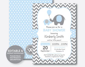 Instant Download, Editable Elephant Baby Shower Invitation, Blue Elephant Invitation, Little Peanut, Baby Sprinkle,Blue Gray Chevron(SBS.35)