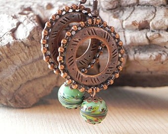 Greenery Earrings, Copper Earrings, Green Glass Earrings, Glass Drop Earrings, Brass Earrings, Brass Jewelry, Boho Dangle Earrings