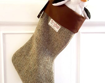 Harris Tweed Christmas stocking in traditional Lovat herringbone, brown and beige Harris Tweed.
