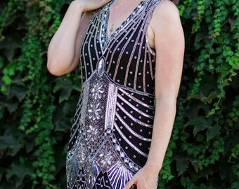 1920s Style Black Silver Beaded STARLIGHT Flapper Dress-S to XL and pLus sizes