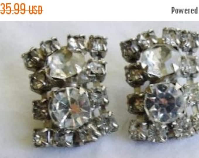 Storewide 25% Off SALE Beautiful Vintage Designer Rectangular Diamond Silver Tone Earrings Featuring Encrusted Rhinestone Accents And Rich A