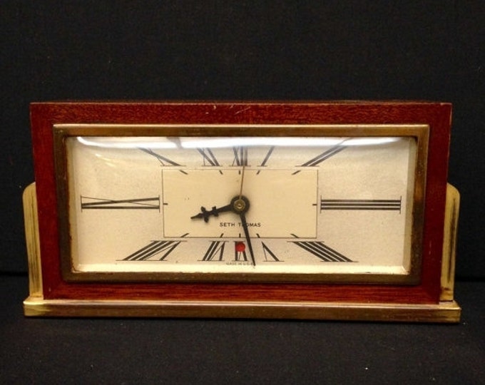 Storewide 25% Off SALE Vintage Seth Thomas Baxter Clock With Stained Oak Wood Finish Featuring Art Deco Rectangular White Face & Brass Accen