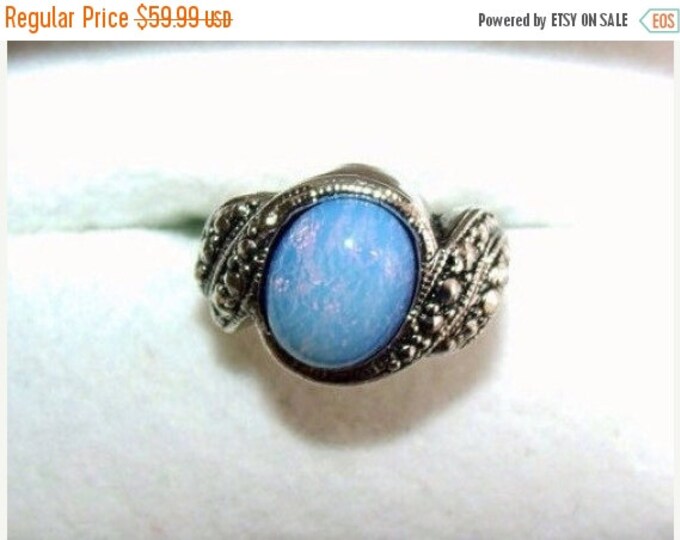 Storewide 25% Off SALE Vintage Robins Egg Blue Opal Cocktail Designer Ring Featuring Faux Marcasite Accents With Silver Tone Base