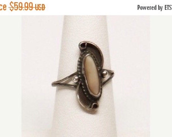 Storewide 25% Off SALE Beautiful Vintage Silver Tone Mother Of Pearl Inlaid Art Deco Cocktail Ring Featuring Elongated Open Trim Design