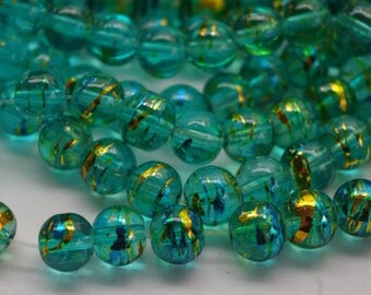 30 DRAWBENCH CRACKLE GLASS beads, 8mm, beading supplies, destash, glass, affordable, drawbench, turquoise, gold, blue, jane bari beads