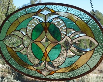 stained glass window panel "BEVELS, BEVELS, BEVELS" hand blown glass, hand poured & rolled glass, custom beveling, suncatcher