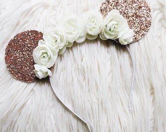 Rose Gold Glitter Floral Minnie Mouse Ears Headband // Sparkle Mouse Ears Flower Crown