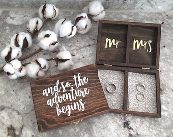 Personalized Wedding Ring Box - Mr. and Mrs. - Ring Bearer Box - Double Ring Box - Rustic Wedding Decor - Hand Painted Wood Box