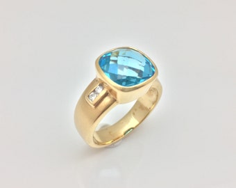London Blue Topaz Ring with Diamond Accent Set in 18k Gold // Size 7