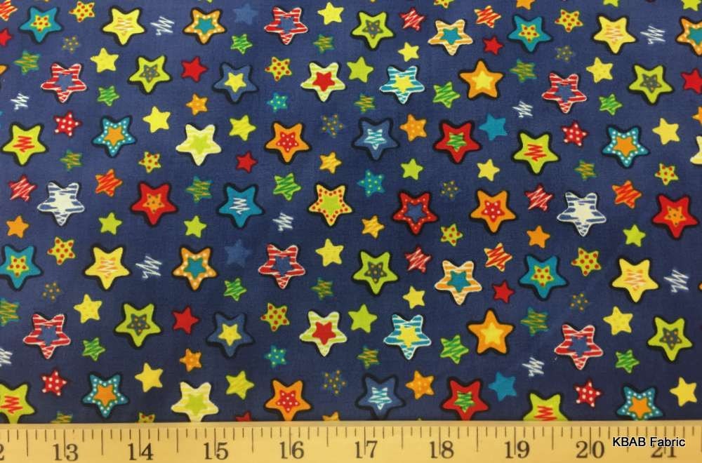 Stars All Over Blue Fabric By the Yard / Half Yard Red Yellow Green