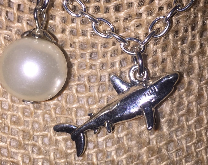 Silver shark and pearl necklace