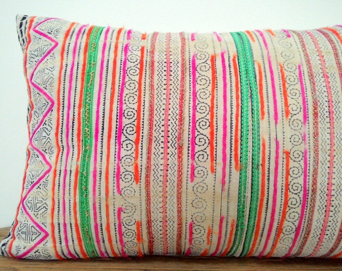 12"x20" Bohemian Rare Vintage Hmong Fabric Pillow Case, Stunning Ethnic Boho Pillow Cover, Old Tribal Costume Textile Decorative Pillow