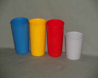 3 Vintage Tupperware Tumblers 9 oz Blue Red Yellow and 1 Gray 6 oz | Tupperware Primary Colors Picnic Tumblers | Tupperware Item #116 #1251