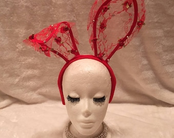 Red Lace Bunny Ears with Crystals and Red Flowers. Burlesque Cabaret Vintage Costume Accessory