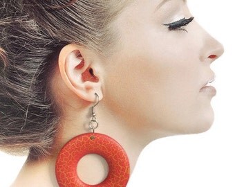 Red earrings African ethnic jewelry handmade wood earings Red|and|gold jewelry Tribal earrings Gift idea birthday gifts large earrings round