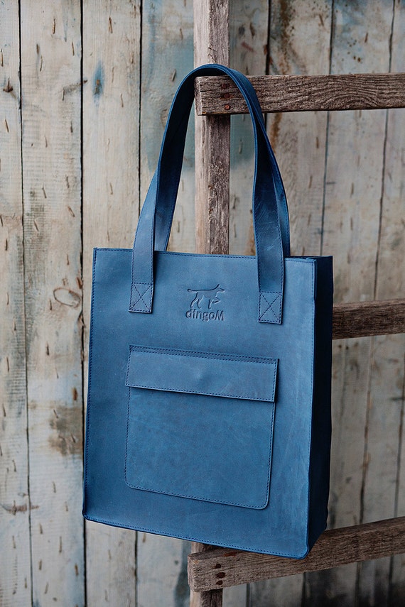 Blue leather tote bag classical leather tote bag with front