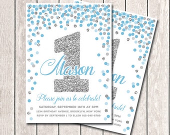 Blue Silver Birthday Invitation First Birthday Invitation Boy Birthday Invitation Printable Blue Gray Invitation Any Age Confetti Invitation