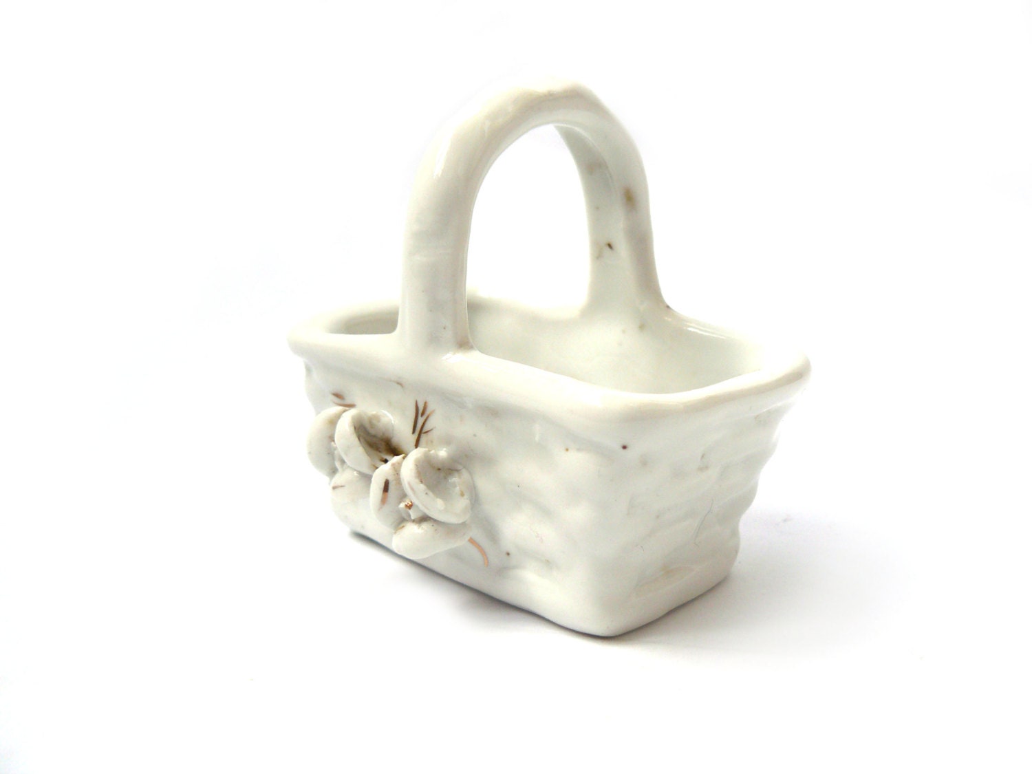 Small porcelain basket vintage ceramic box jewelry box white