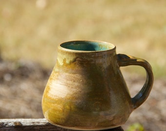 Handmade wheel thrown mug, green/blue