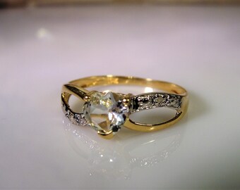 10K Gold Ring, Aquamarine Heart Ring, Aquamarine & Diamond Ring, Aquamarine Ring, Heart Ring, Infinity Design Ring, Vintage Ring – Size 7.5
