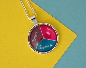 Feminism necklace, Books, tea & feminism, feminist necklace, book lover gift, bright jewellery, women's rights, women empowerment
