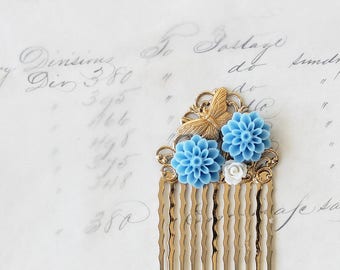 Woodland Wedding Hair Comb - Gold Bridal Hair Comb - Floral Hair Comb - Vintage Style Bridal Hair Comb - Flower Hair Comb - Something Blue