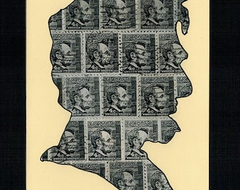 FREE SHIPPING ; Abraham Lincoln - Unique hand-made collage from black US cancelled vintage postage stamps .