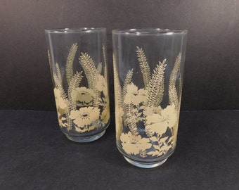 Vintage Libbey Yellow Flower Drinking Glasses, Retro Kitchen