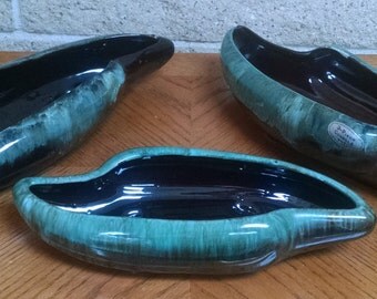 Enesco Console Set - Three Piece Brown and Green Drip Glaze - Vase / Planter/ Ceramic Art - MId Century Modern - Collectible - Vintage