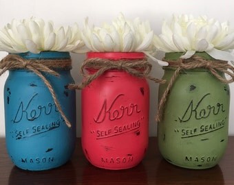 Set of 3 Pint Jars-Hand painted Jars-Painted and Distressed Jars-Spring Summer Fall Jars-Jar Vases-Jar Centerpieces-Blue Pink Green Jars