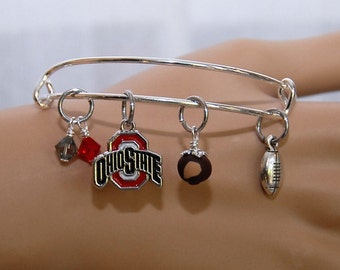 Ohio State Buckeyes Wire Bangle Bracelet. Buckeyes Color Logo Charm, Buckeye, Football & Swarovski Crystals. Ohio State Buckeyes Jewelry