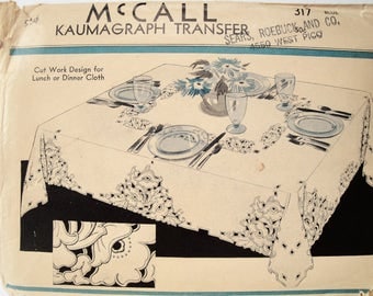 Vintage Cutwork, Embroidery Pattern, McCalls 317 Kaumagraph Transfer, 1935, Tablecloth, Floral Cutwork Motif, Tea Towel, Pillowcase