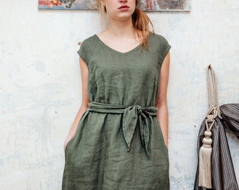 Loose Fitting Long Linen Dress, Women Linen Dress for Women - women clothing, Linen dress with a belt, natural linen dress, long dress