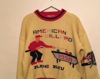 Vintage 1958 American Billard Blanc Bleu Cream Sweater Size Large