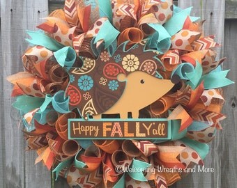 Fall Wreath, Happy Fall Y'all Wreath, Fall Hedgehog Wreath, Fall Mesh Wreath, Colorful Fall Wreath, Thanksgiving Wreath, Fall Door Decor