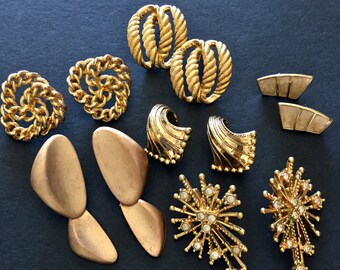 6 Vintage Gold Earrings, Vintage Designer Clip On Earring Collection of Art Deco Modernist Jewelry Gift For Mom