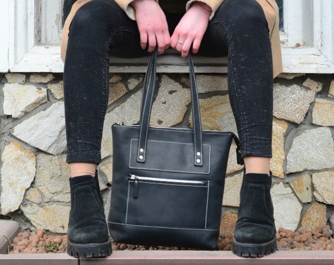 Leather Tote Bag Zipper + Zipper Bag + Large BlackTote Handles + Zippered Tote Bag + Leather Tote with Zipper + Leather Bag + Laptop Bag