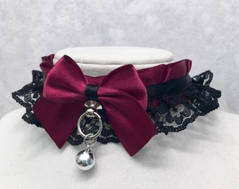 Burgundy and Black Lace Collar - Luxury Kittenplay Petplay BDSM Collar, Bondage Tug Proof, DDLG Submissive