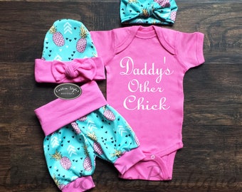 Baby Girl Coming Home Outfit, Summer Outfit, Teal Shorts With Pink Pineapples & Cuffs, Hat and Headband, Baby Girl Summer Shorts,Pink
