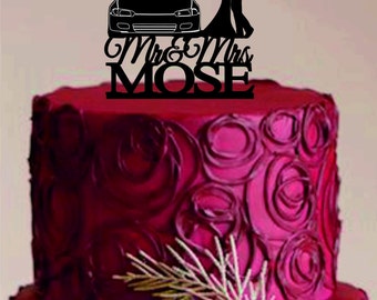 Bride and Groom Wedding Cake Topper with car,Unique Wedding Cake Topper, Rustic Wedding Cake Topper, Personalized Custom Wedding Cake Topper
