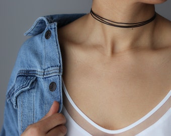 Black String Choker - Black Leather Choker - Black Choker - Triple Band Choker - Kendall Jenner Choker - Grunge Choker - Multi Strand Choker